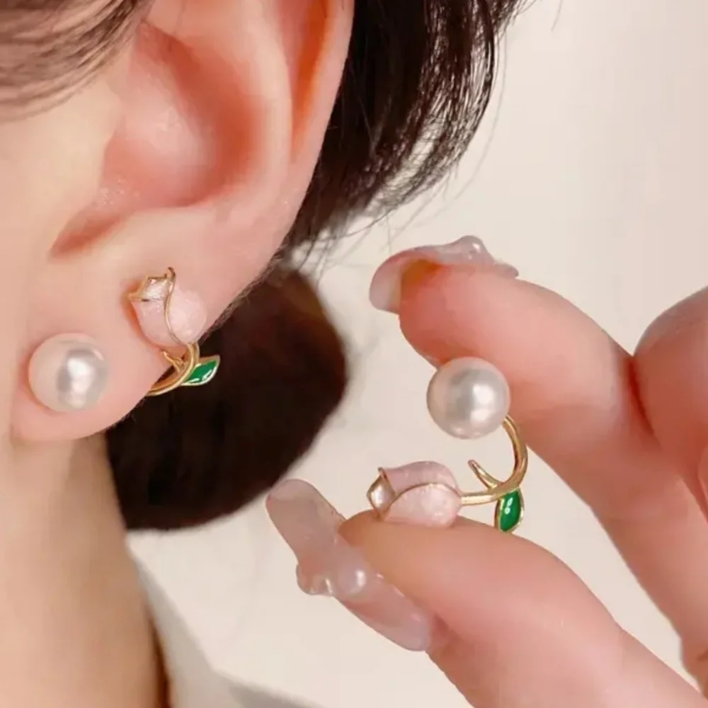 Pink Tulip Flower Faux Pearl Stud Whimsical Earrings